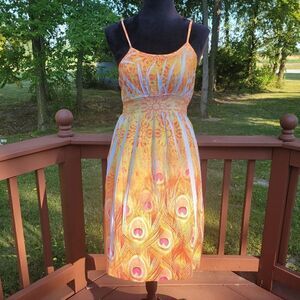 Style Works Orange White Floral Feather Spaghetti Strap Summer Dress Size M